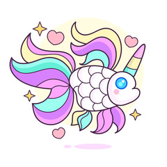 Icorn Fish With Rainbow Horn Vector Icon. Silhouette Sticker, Patch Badge. Cute Magic Cartoon Fantasy Cute Animal. Symbol Of Sleep. Design