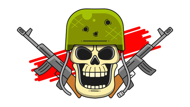 Military Skull In A Hard Hat With Machine Guns On A White Background