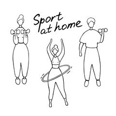 Male and female training, workout concept. Man and woman doing different sport exercises. Woman engaged pilates. Doodle vector illustration