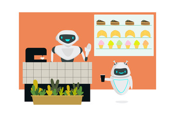 Two robots in the cafe serves people flat vector illustration. Replacing human labor and modern technologies in the service sector concept. The robot replaced a person at the checkout in a restaurant