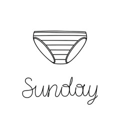 Vector illustration of striped panties with lettering Sunday. Weekly underpants.
