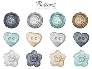 Watercolor sewing buttons colection in scandinavian style. Sewing kit, wooden accessories and equipment for sewing. Closeup isolated on white background set. Hand painted illustration