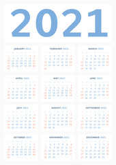 Wall calendar template for 2021 in a classic minimalist style. Week starts on Sunday. Business illustration. Monthly calendar. A1 format vertical. Ready to print