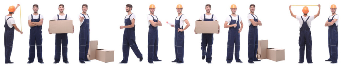 panoramic collage of skilled handyman isolated on white