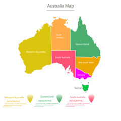 Australia map divided into states or countries with modern borders. Touristic location indication. Infographic design template. Vector illustration for presentation, brochure, website.