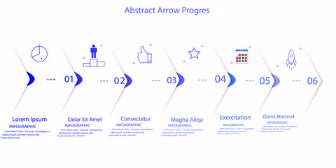 Eight paper white overlapping arrows placed in horizontal row. Concept of 6 successive steps of progressive business development. Simple infographic design template. Abstract vector illustration.