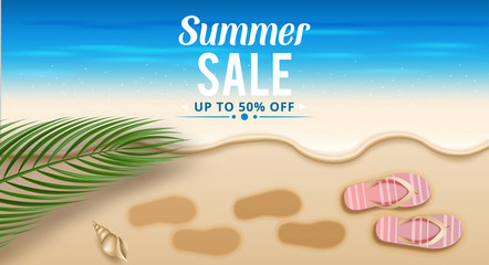Summer sale vector banner background. Summer sale discount text in empty space with beach elements. vector illustration