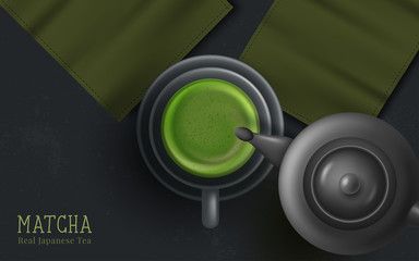 Green matcha tea drink and tea accessories. Japanese tea ceremony concept. Vector illustration