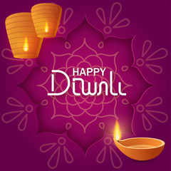 Naklejka premium Concept festival Diwali with paper rangoli on purple background with text lettering happy Diwali, paper sky lanterns and diya oil lamp for banner or card