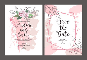 Wedding invitation card with abstract pastel pink background, hand drawn roses and leaves. Save the Date card