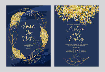 Wedding invitation card with abstract brush strokes background and gold feathers. Save the Date card template with gold glitter