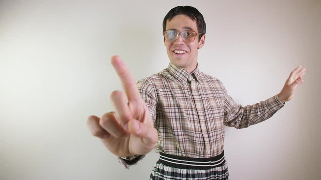 Dancing smiling nerd in glasses