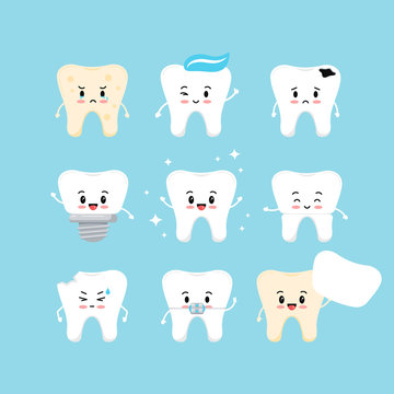 Cute teeth emoji dental icon vector set.
