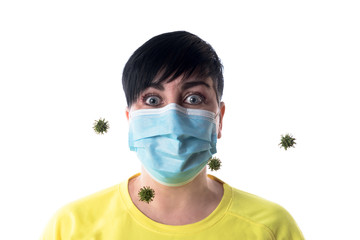 Scared young girl in mask, coronavirus panic