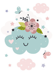 poster with beautiful cloud and flowers
 -  vector illustration, eps
