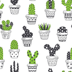 seamless pattern with scandinavian cactus in pots  -  vector illustration, eps