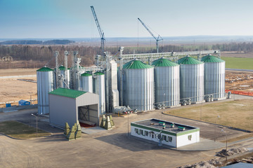 Construction of a feed mill agro-processing plant for processing and silos for drying cleaning and storage of agricultural products, flour, cereals and grain. Top view. © Евгений Гвоздев