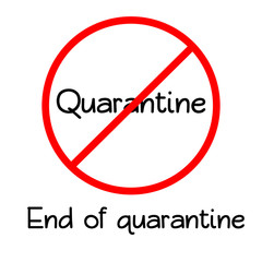 End of quarantine. Stop restrictions and isolation. Reopen business and education. Red prohibition sign with lettering. Vector illustration in doodle style of covid-19 pandemic and coronavirus.