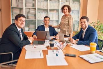 Obraz premium Business lawyers workers meeting at law firm office. Professional executive partners working on finance strategry at the workplace
