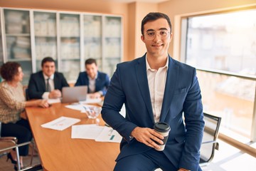 Business lawyers workers meeting at law firm office. Professional executive partners working on finance strategry at the workplace. Leader worker standing confident looking at the camera.