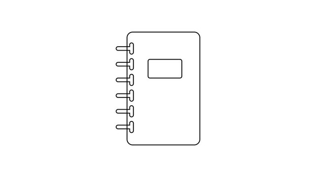 Black line Notebook icon isolated on white background. Spiral notepad icon. School notebook. Writing pad. Diary for school. 4K Video motion graphic animation