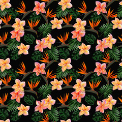 Seamless tropical pattern with plumeria and strelitzia with leaves on black background. Seamless pattern with colorful leaves of colocasia, filodendron, monstera. Exotic wallpaper. Hawaiian style © Olena