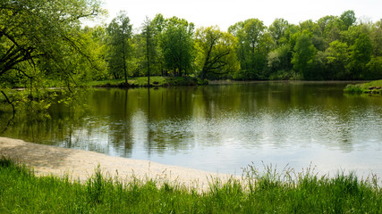 A pond surrounded by trees in the Świerklaniec park. A free entry space