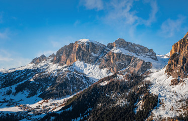 Passo Gardena, Italy - january 2020: mountain near ski-lift Dantercepies in sunny winter day