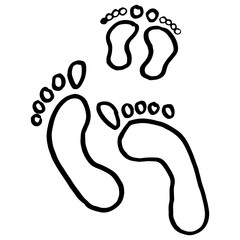 Footprints sticker set on white isolated backdrop. Feet for invitation and gift card, tattoo parlor or travel agency logo, bath tile. Phone case or cloth print. Doodle style stock vector illustration