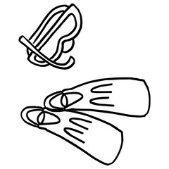 Outline swim mask on white isolated backdrop. Linear flippers for invitation or gift card, diving shop or club logo, bath tile. Phone case or cloth print art. Doodle style stock vector illustration