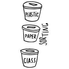Sorting text on white isolated backdrop. Trash recycle poster for vegan shop or online store logo, social banner, eco blog, flyer. Phone case or cloth print. Doodle style stock vector illustration