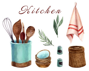 kitchen utensils in watercolors