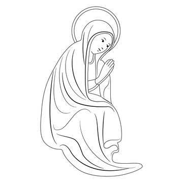 recommend clip art: Isolated vector illustration. Praying saint Virgin Mary. Sitting Madonna. Black and white linear silhouette.