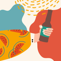 Female hand holding jar of beer. Woman's hand in bright clothes with memphis pattern holding cider jar. Alcohol drink. Concept of beer lover. Picture on abstract background Flat vector illustration