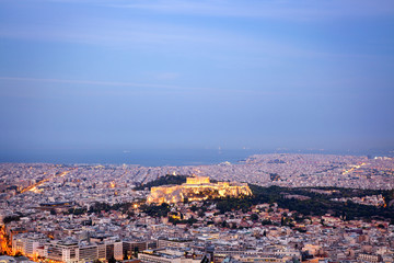 cityscape of Athens in early morning with the Acropolis seen from Lycabettus Hill, the highest point in the city