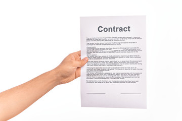 Holding business contract paper over isolated white background