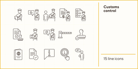 Customs control icons. Set of line icons. Faqs, passport, customs check, customs inspection. Immigration concept. Vector illustration can be used for topics like security, travel, airport