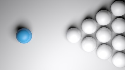 Abstract white background with a set of white spheres and a single blue one- 3D rendering illustration