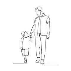 Fototapeta na wymiar Continuous line drawing of happy family dad, and child walking togother. Vector illustration