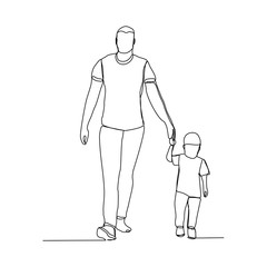 Continuous line drawing of happy family dad, and child walking togother. Vector illustration