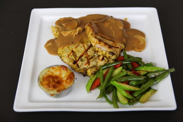 Grilled Chicken Fillet Steak with Mushroom sauce served on a white plate
