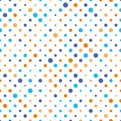 Seamless polka dot pattern. Orange and blue dots in random sizes on white background. Vector illustration