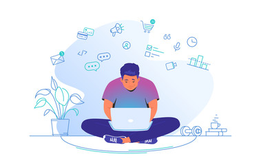 Working online with laptop at home. Flat line vector illustration of cute man sitting at home in lotus pose with laptop and working remotely. Internet marketing concept isolated on white background
