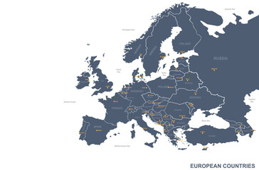 europe map. vector map of european countries and capital. - obrazy, fototapety, plakaty