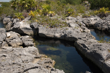 Naklejka na ściany i meble Clear water of Mexican Yal-ku lagoon, rocks
