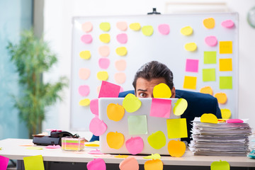 Young male employee in conflicting priorities concept