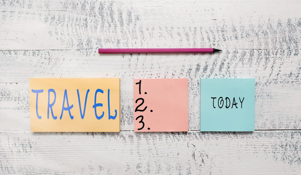 Handwriting text writing Travel. Conceptual photo the movement of showing between distant geographical locations Three multicolor blank notepads marker pencil wooden vintage background