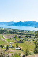 Fototapeta na wymiar View above Naramata of Okanagan Valley, Okanagan Lake, and mountains in springtime