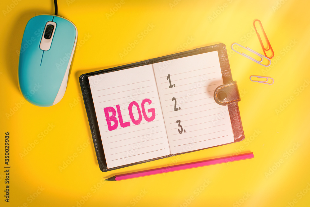 Poster Writing note showing Blog. Business concept for regularly updated website web page run by individual Leather locked diary striped sheets marker mouse colored background