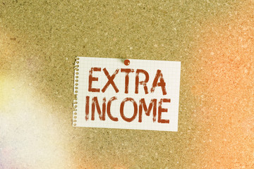 Word writing text Extra Income. Business photo showcasing Additional fund received or earned from a...